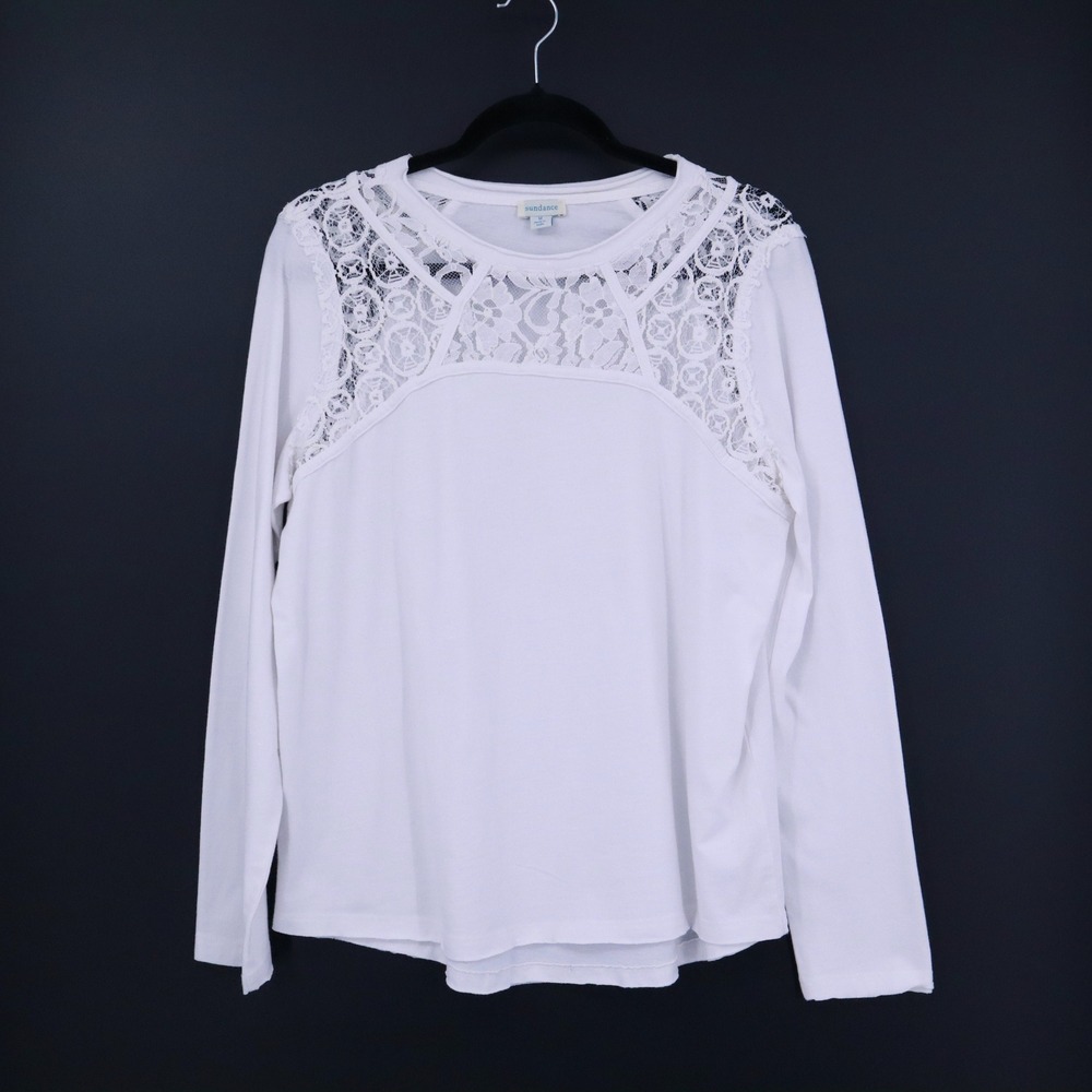 Sundance Lace Shoulder Long Sleeve Top Womens M White Boho‎ Coastal Cottage